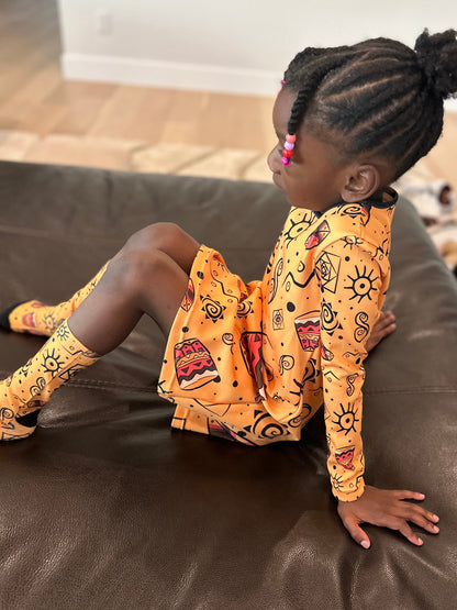 African Symbols Print Yellow Long Sleeve Dress