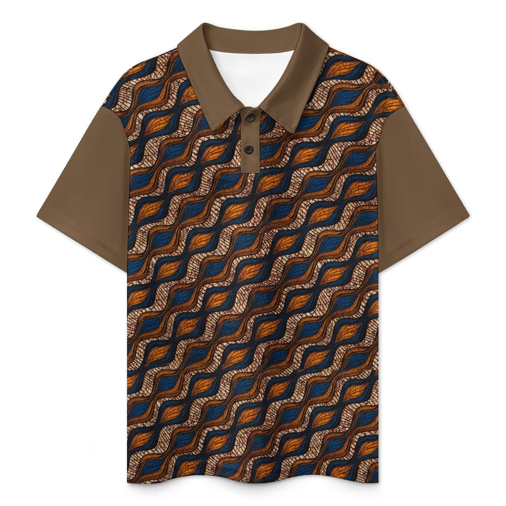 Children's Blue and Brown Ankara Waves Pattern Buttoned Polo Shirt