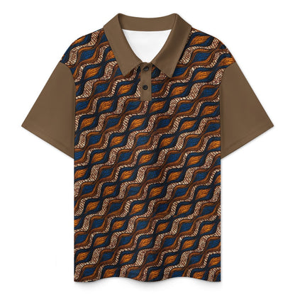 Children's Blue and Brown Ankara Waves Pattern Buttoned Polo Shirt