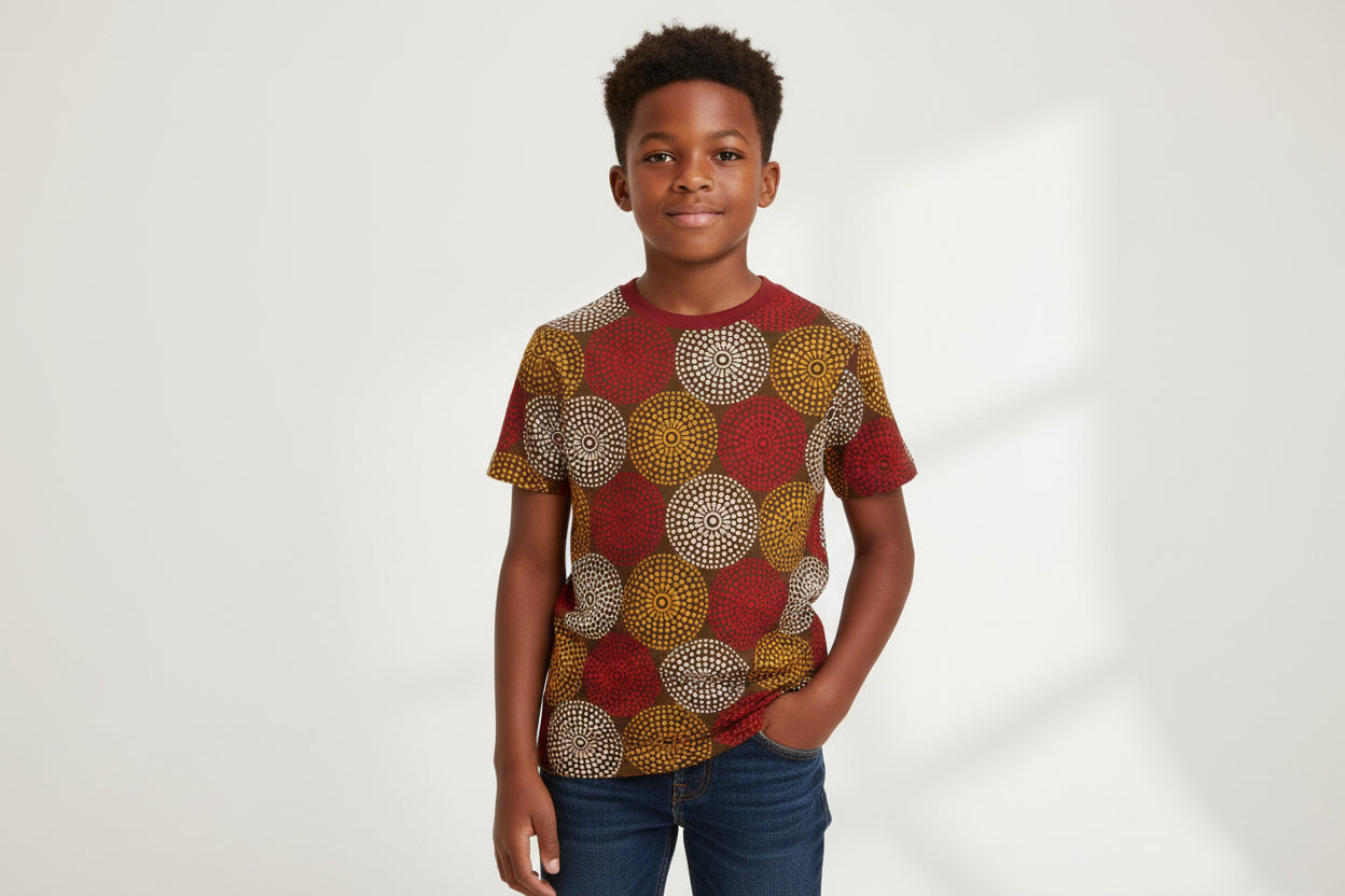 Children's Burgundy Ankara Wheel Pattern T-Shirt