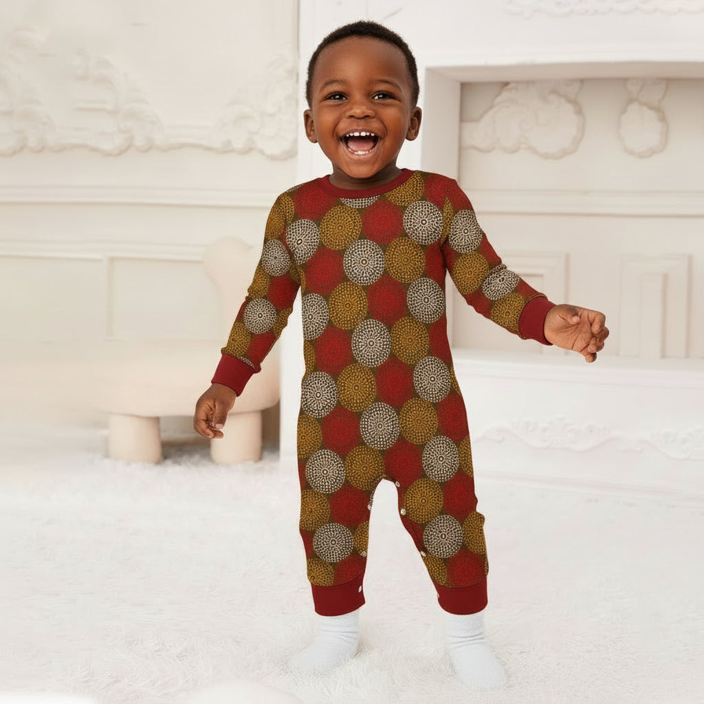 Maroon Ankara Wheel Pattern Baby Jumpsuit