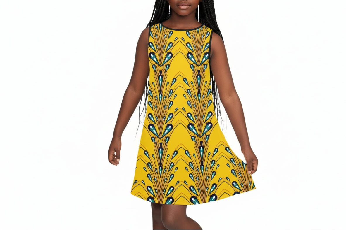 Abstract Yellow Ankara Pattern Girl's Sleeveless Dress