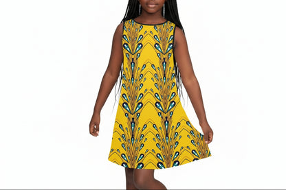 Abstract Yellow Ankara Pattern Girl's Sleeveless Dress
