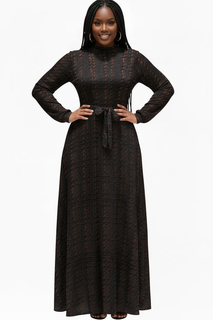 Women's Black & Brown African Print Long Sleeve Maxi Dress