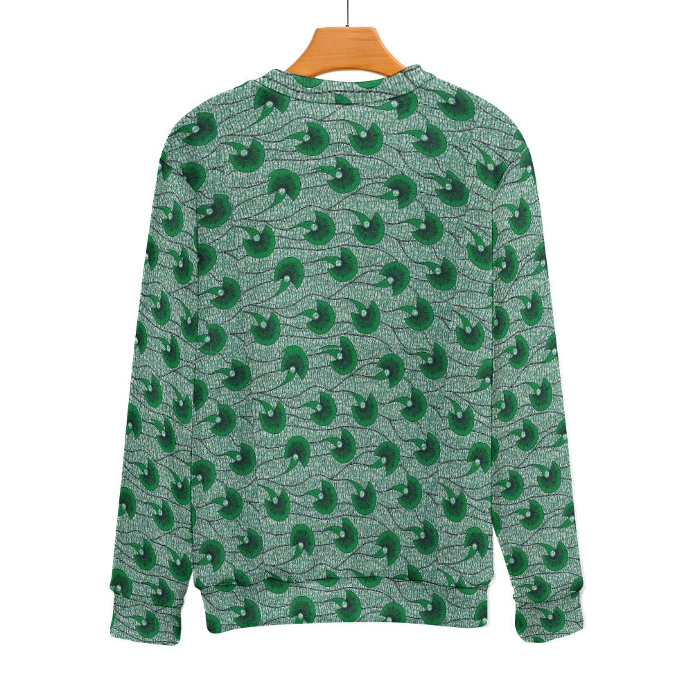 Men's Dark Green Waves Ankara Pattern Crew Neck Sweater