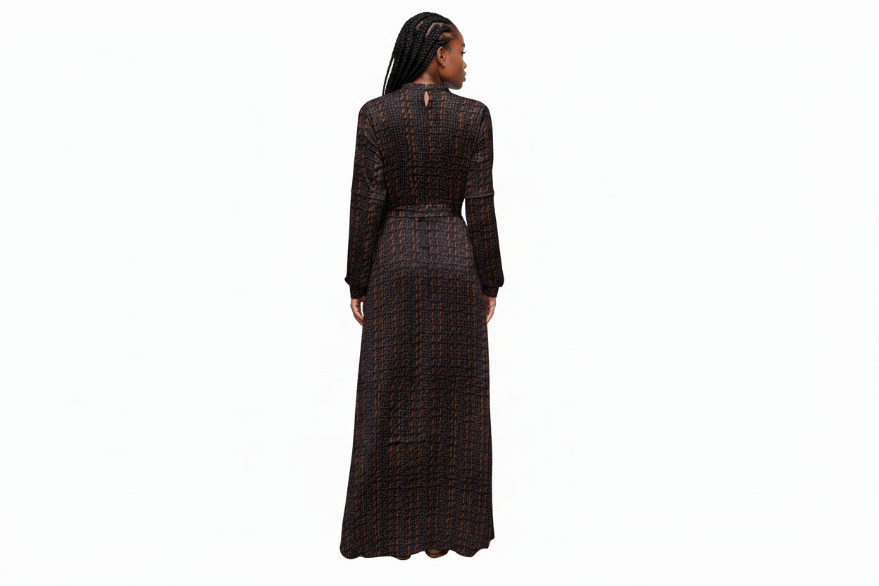 Women's Black & Brown African Print Long Sleeve Maxi Dress