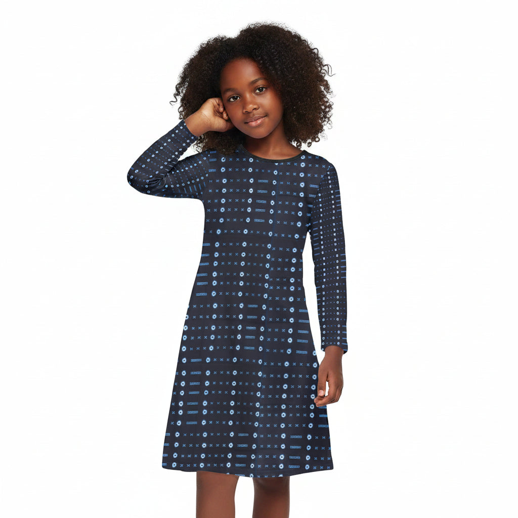Blue Geometric African Print Long Sleeve Dress