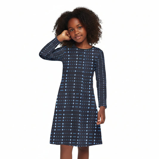 Blue Geometric African Print Long Sleeve Dress