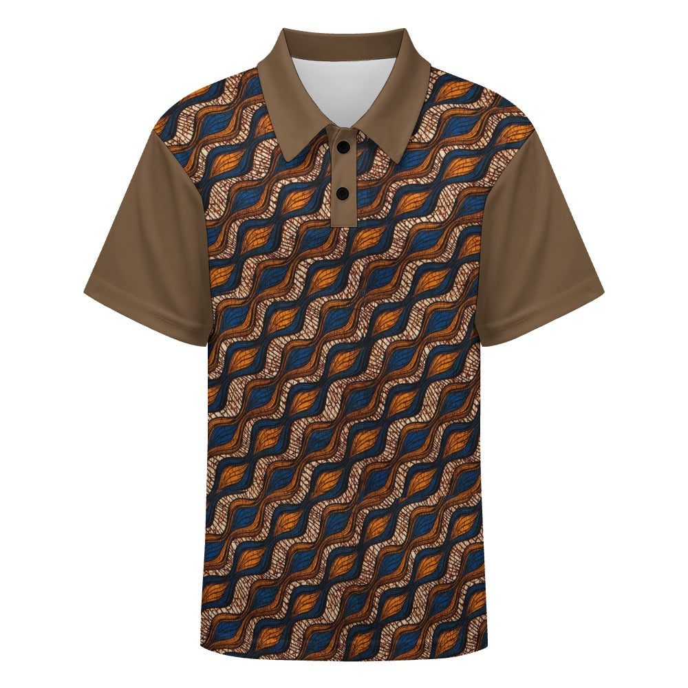 Children's Blue and Brown Ankara Waves Pattern Buttoned Polo Shirt