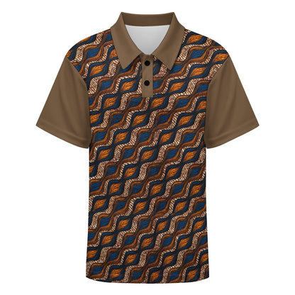 Children's Blue and Brown Ankara Waves Pattern Buttoned Polo Shirt