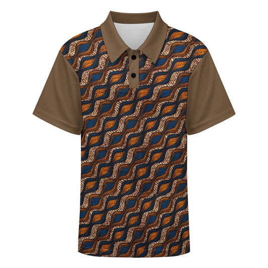 Children's Blue and Brown Ankara Waves Pattern Buttoned Polo Shirt