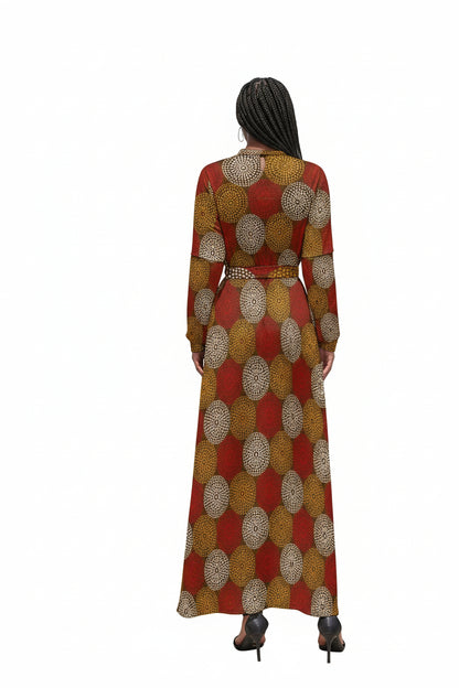 Women's Maroon Ankara Wheel Pattern Long Sleeve Maxi Dress