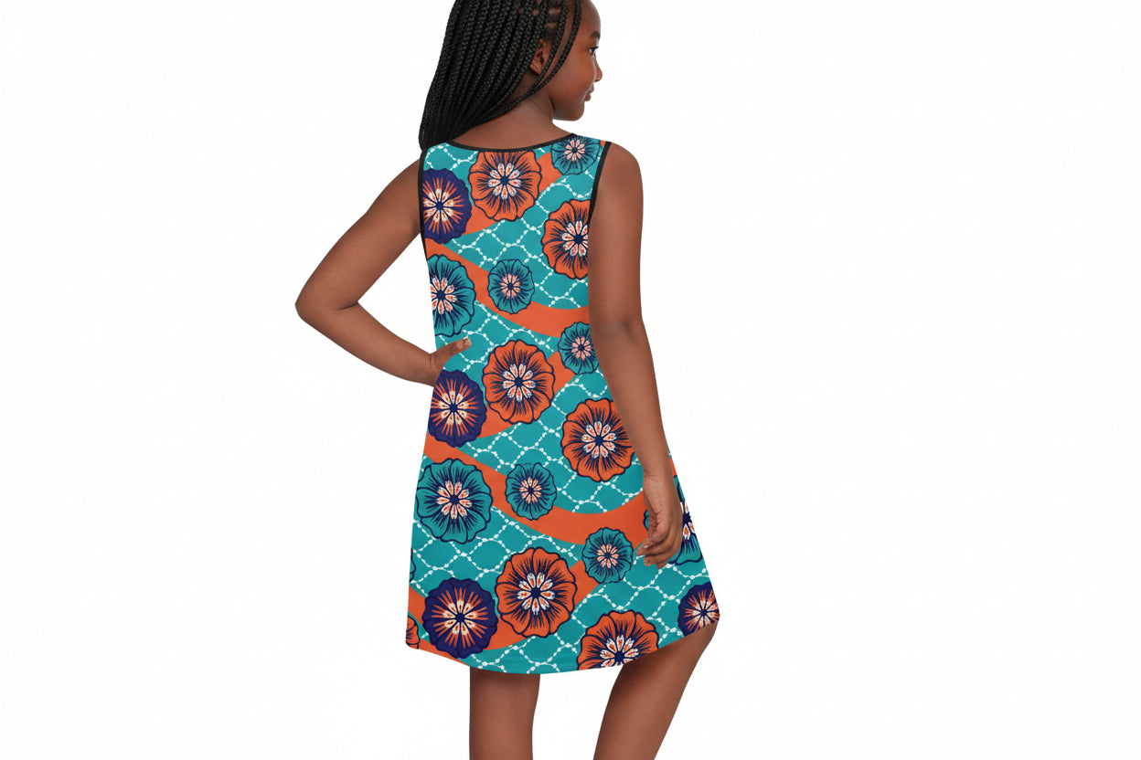 Orange & Green Ankara Pattern Girl's Sleeveless Dress