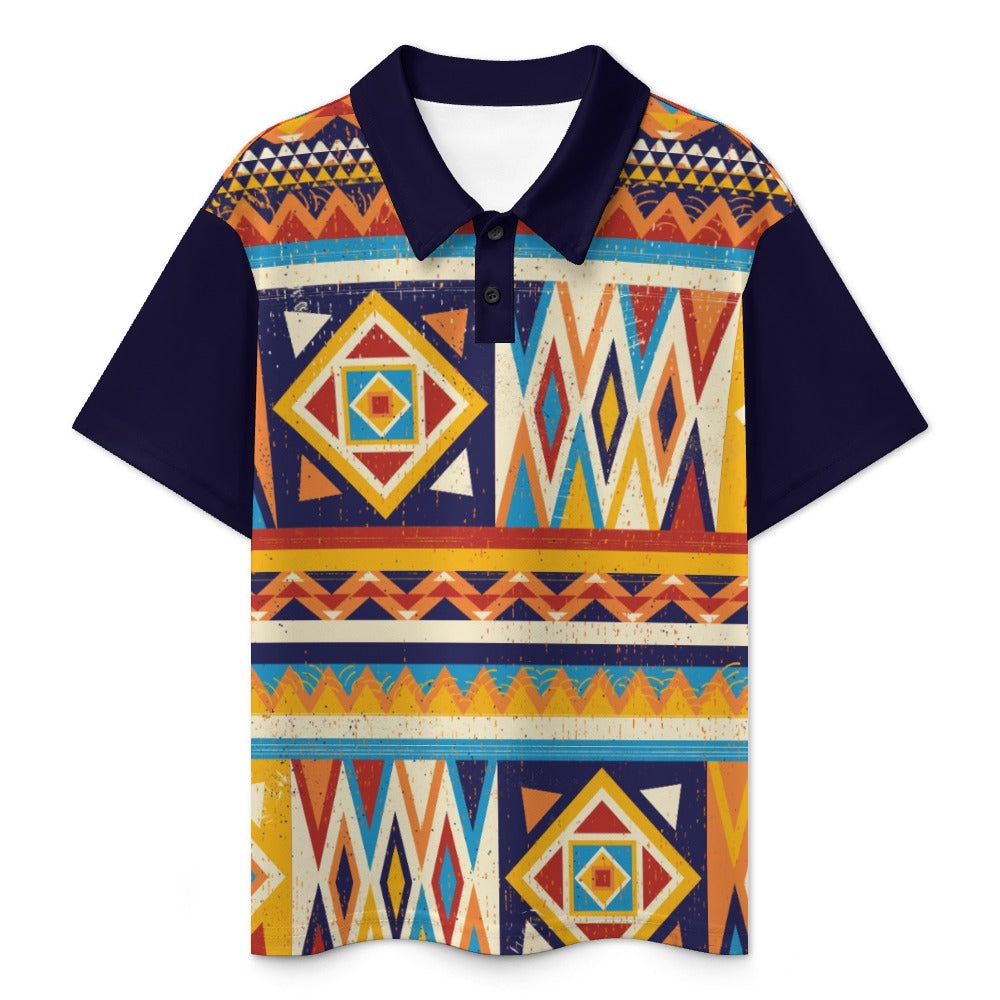 Multicolor African Geometric Pattern Buttoned Polo Shirt