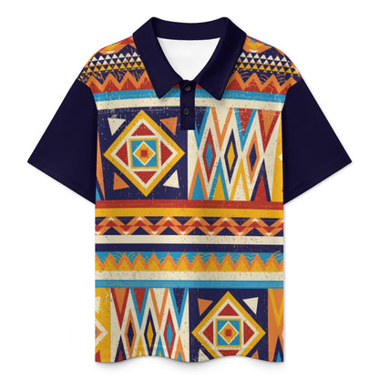 Multicolor African Geometric Pattern Buttoned Polo Shirt