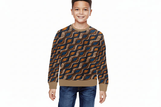 Children's Blue and Brown Ankara Waves Pattern Sweatshirt