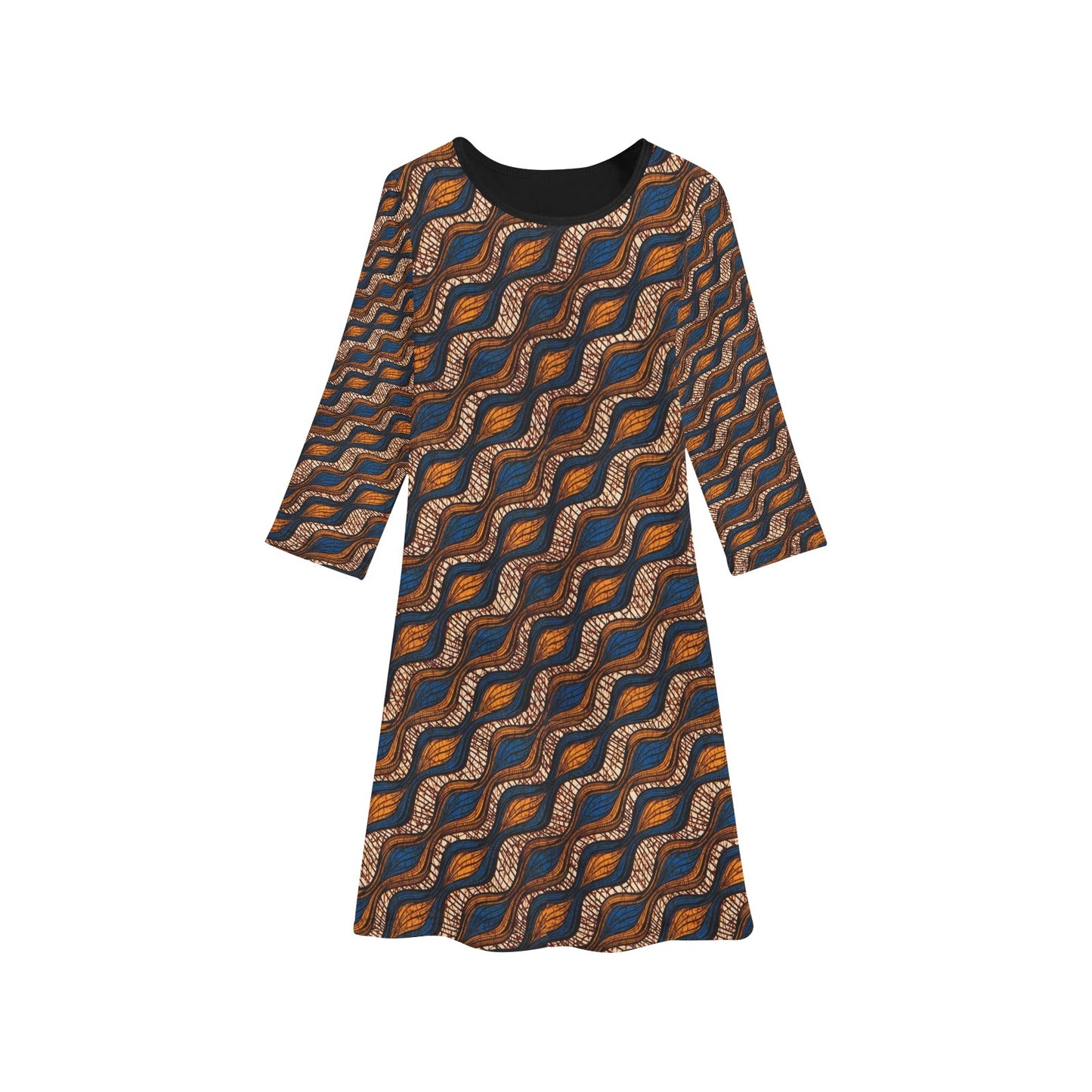 Girl's Blue and Brown Ankara Waves Pattern Long Sleeve Dress