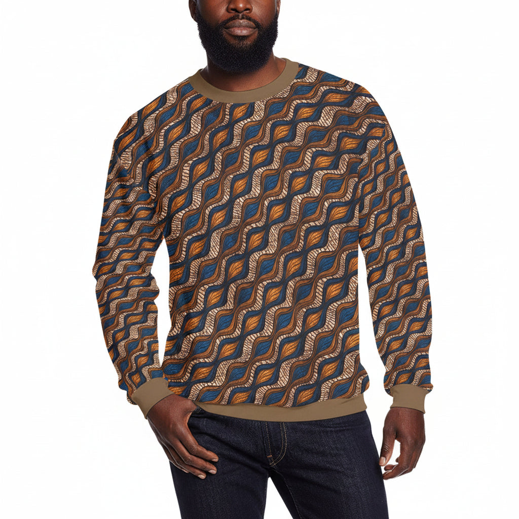 Men's Blue and Brown Ankara Waves Pattern Sweatshirt