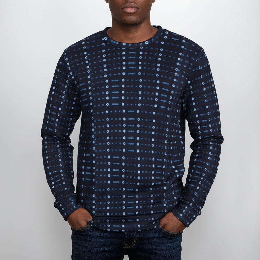 Men's Blue Geometric African Print Crew Neck Sweater