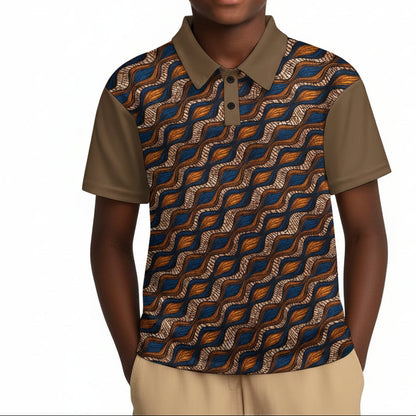 Children's Blue and Brown Ankara Waves Pattern Buttoned Polo Shirt
