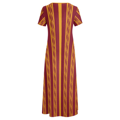 Red & Yellow African Kente Print Round Neck Short Sleeve Dress