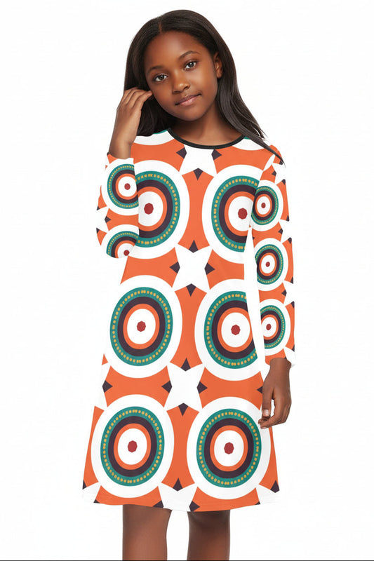 Ankara Print Circles & Stars Orange & Green Long Sleeve Dress