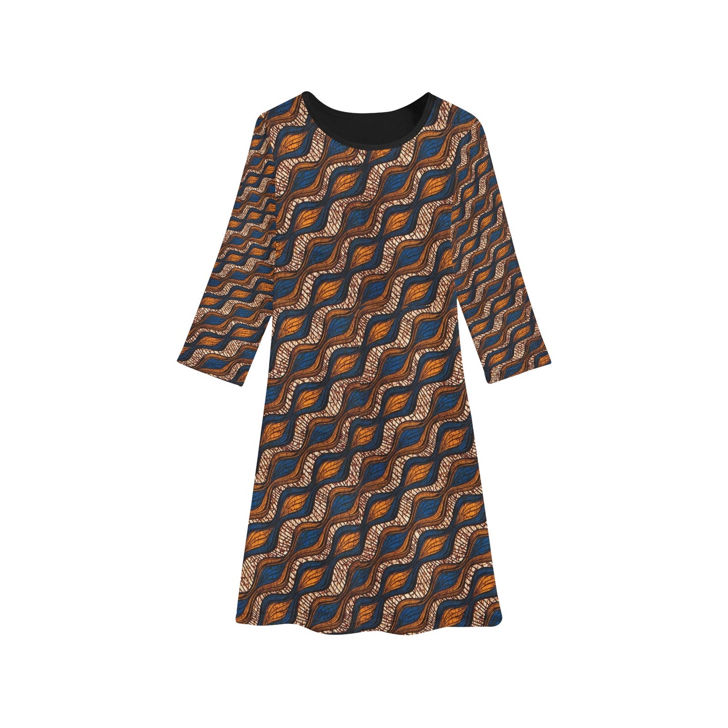 Blue and Brown Ankara Waves Pattern Long Sleeve Dress