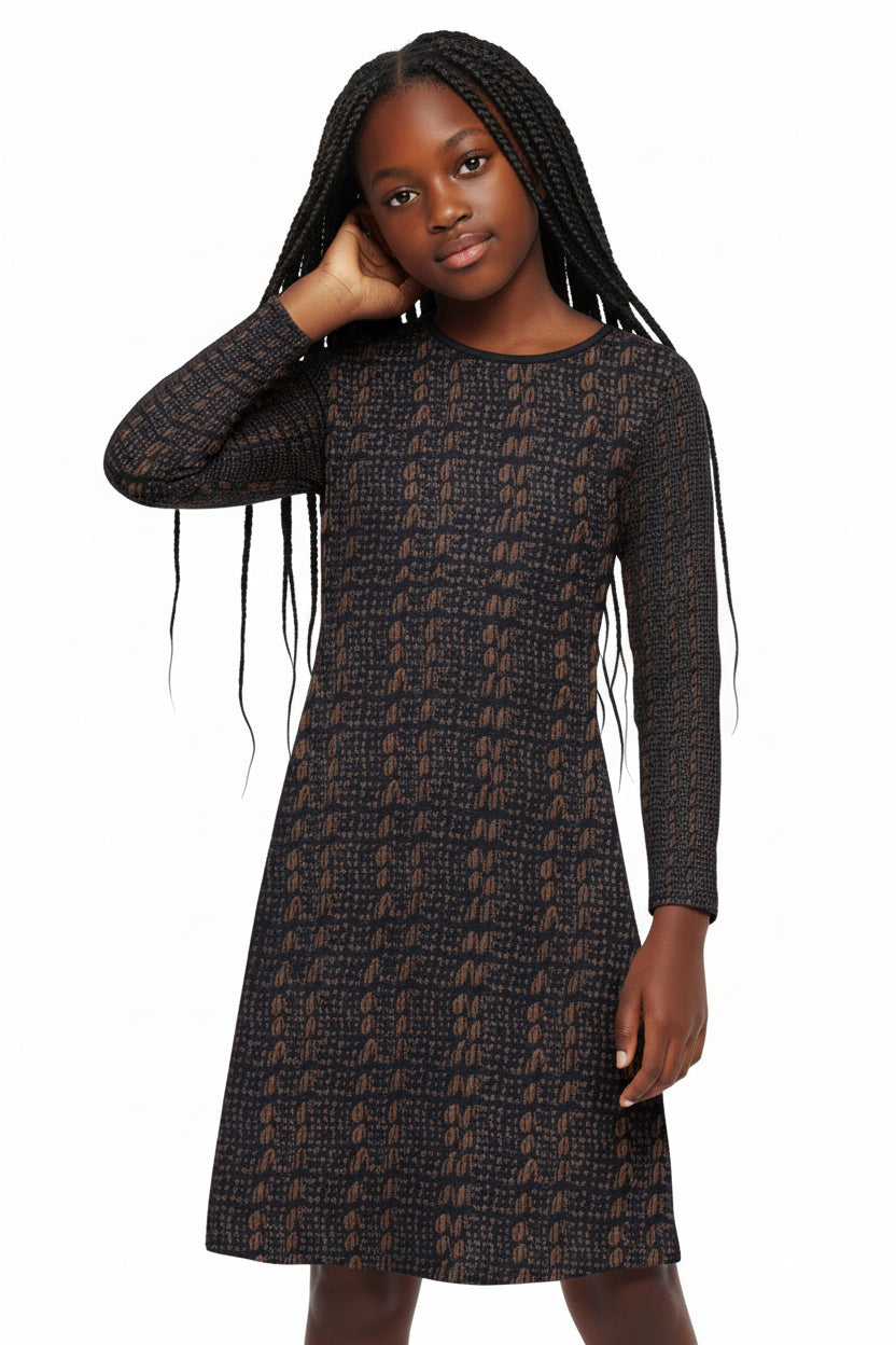 Black & Brown African Print Long Sleeve Dress