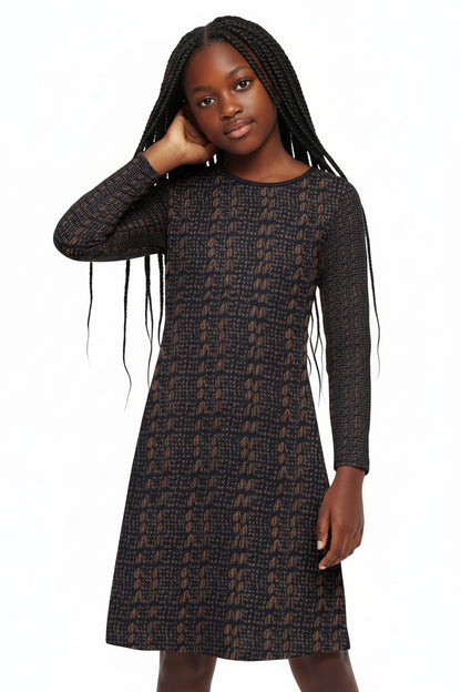 Black & Brown African Print Long Sleeve Dress