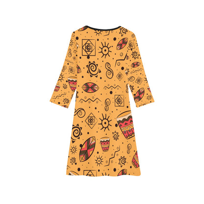 African Symbols Print Yellow Long Sleeve Dress