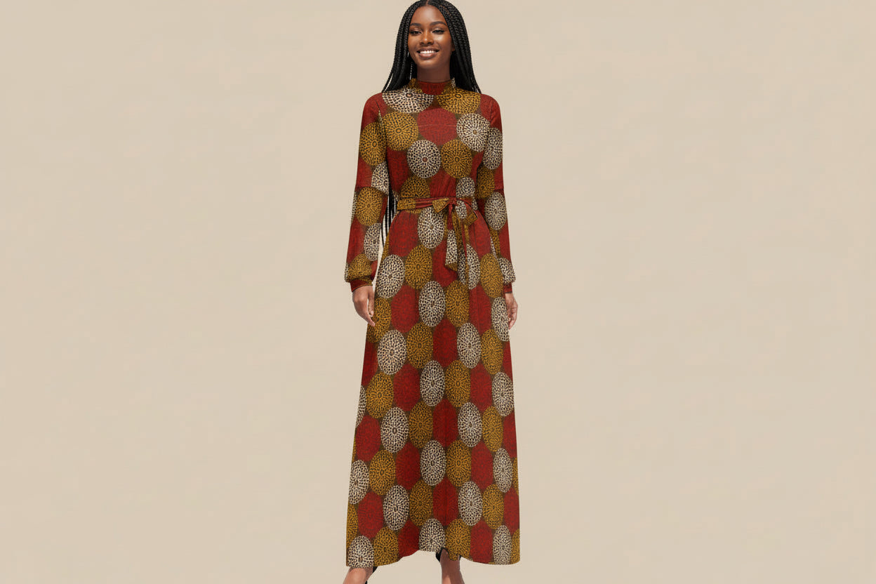 Women's Maroon Ankara Wheel Pattern Long Sleeve Maxi Dress