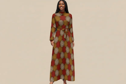 Women's Maroon Ankara Wheel Pattern Long Sleeve Maxi Dress