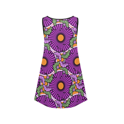 Purple Flowers Ankara Pattern Girl's Sleeveless Dress